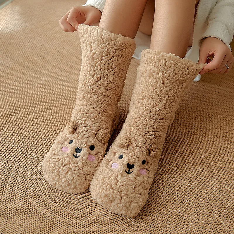Chaussettes d'hiver en microfibre pour femme, motif dessin animé, épaisses et moelleuses, en polyester polaire, motif chien