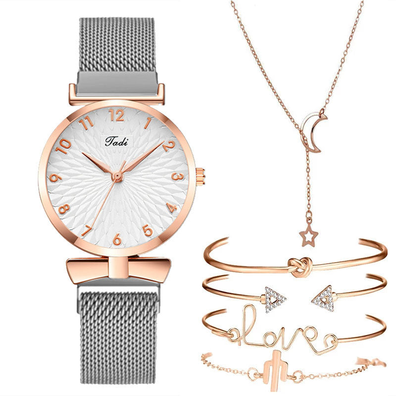 Coffret cadeau femme 6 pièces : montre à quartz avec bracelet maille + bracelets et joncs assortis