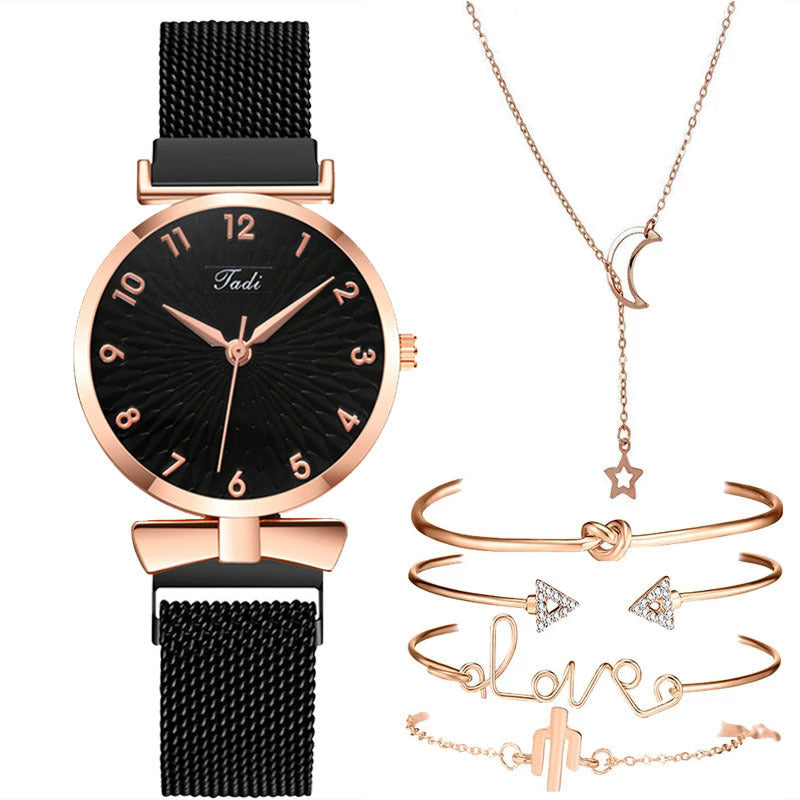 Coffret cadeau femme 6 pièces : montre à quartz avec bracelet maille + bracelets et joncs assortis