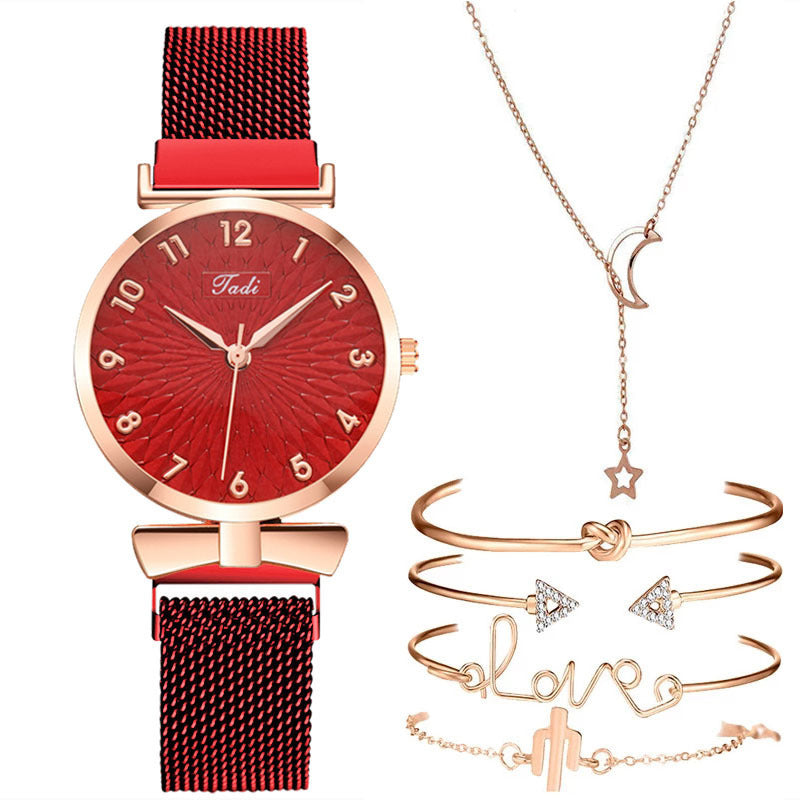Coffret cadeau femme 6 pièces : montre à quartz avec bracelet maille + bracelets et joncs assortis