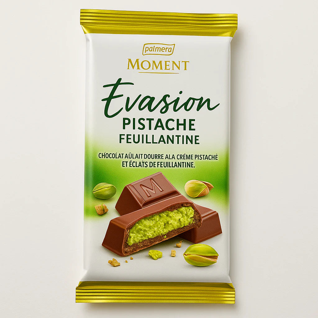 Moment Évasion – Chocolat au Lait Fourré Pistache & Feuillantine 300g – Palmary