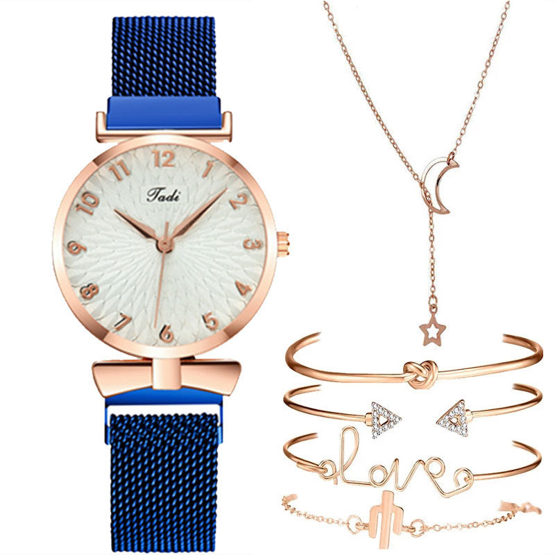 Coffret cadeau femme 6 pièces : montre à quartz avec bracelet maille + bracelets et joncs assortis