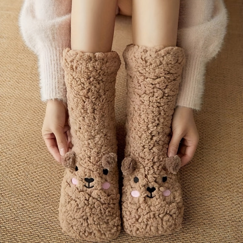 Chaussettes d'hiver en microfibre pour femme, motif dessin animé, épaisses et moelleuses, en polyester polaire, motif chien