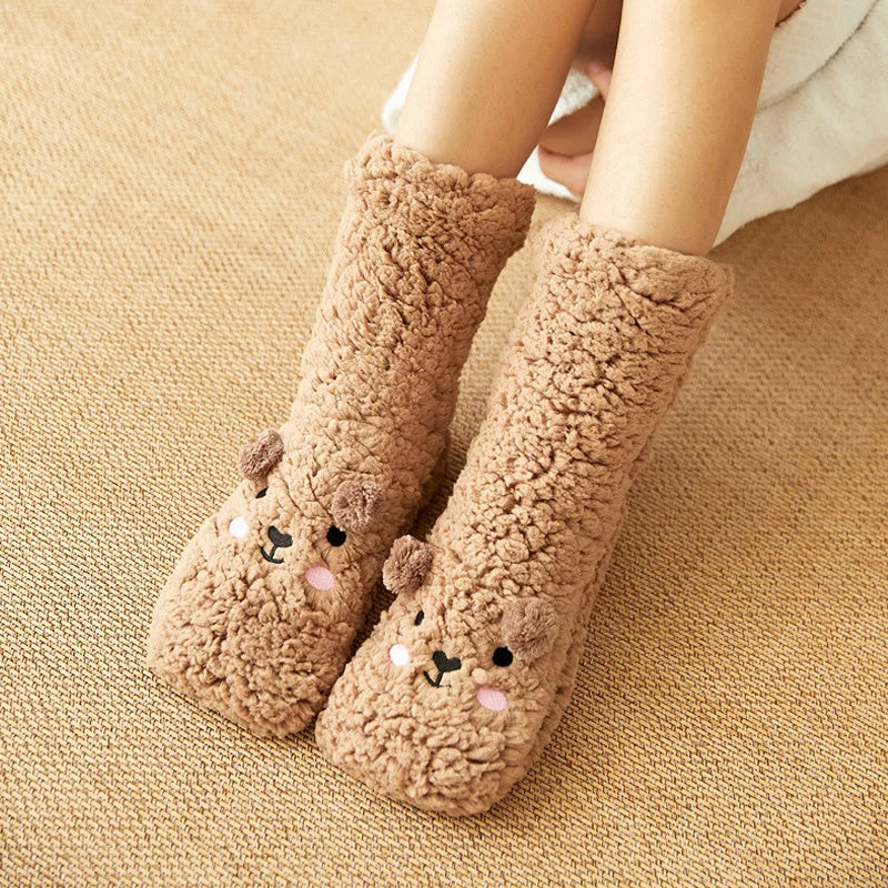 Chaussettes d'hiver en microfibre pour femme, motif dessin animé, épaisses et moelleuses, en polyester polaire, motif chien