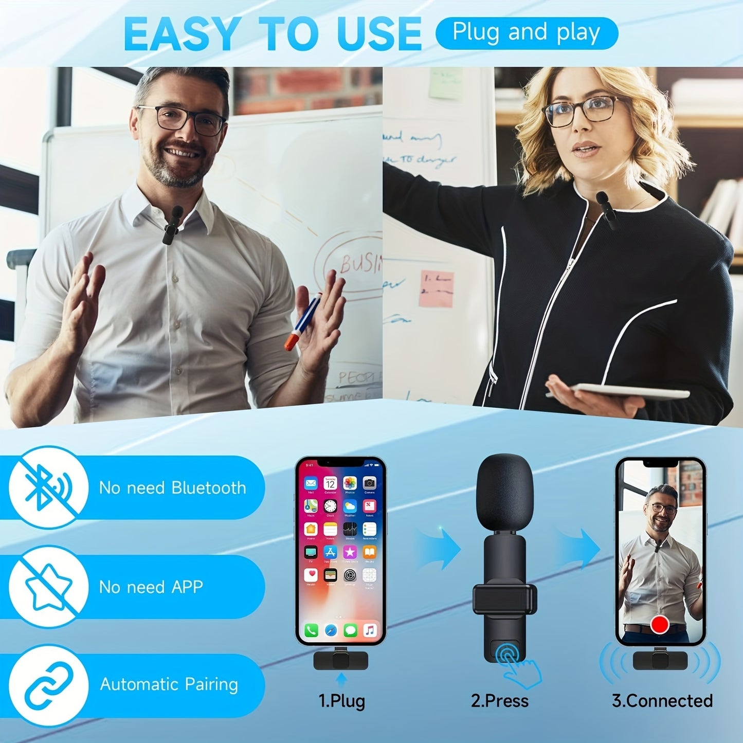 Microphone à revers Lavalier sans fil pour iPhone IPad Professionnel Clip sans fil Micro-Condenseur omnidirectionnel sans fil Enregistrement Mic pour Interview Vidéo Podcast Vlog YouTube