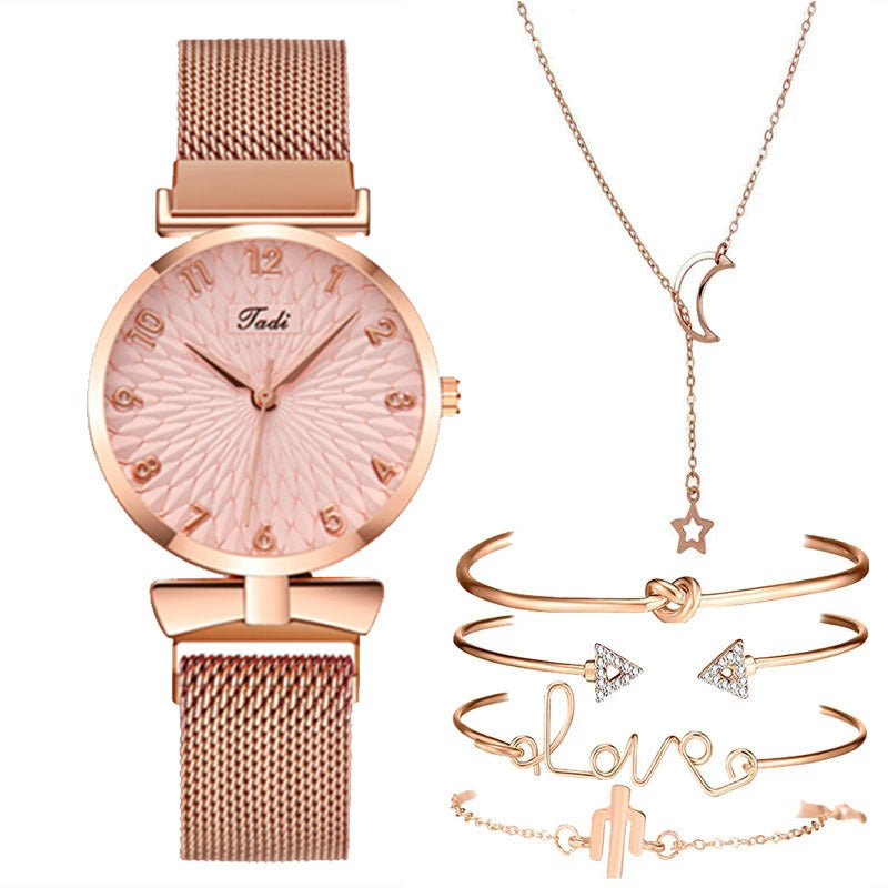 Coffret cadeau femme 6 pièces : montre à quartz avec bracelet maille + bracelets et joncs assortis