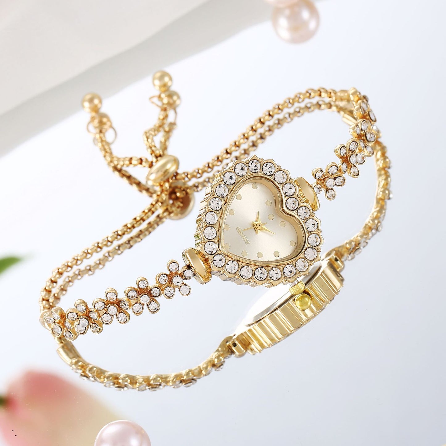 Montre Femme élégante s'adaptant à toutes les tenues "Chaîne de Fleurs" avec Incrustations de diamants et thème de l'amour