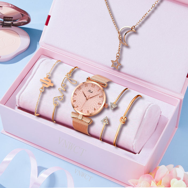 Coffret cadeau femme 6 pièces : montre à quartz avec bracelet maille + bracelets et joncs assortis