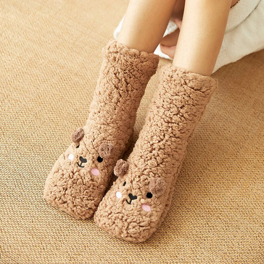 Chaussettes d'hiver en microfibre pour femme, motif dessin animé, épaisses et moelleuses, en polyester polaire, motif chien