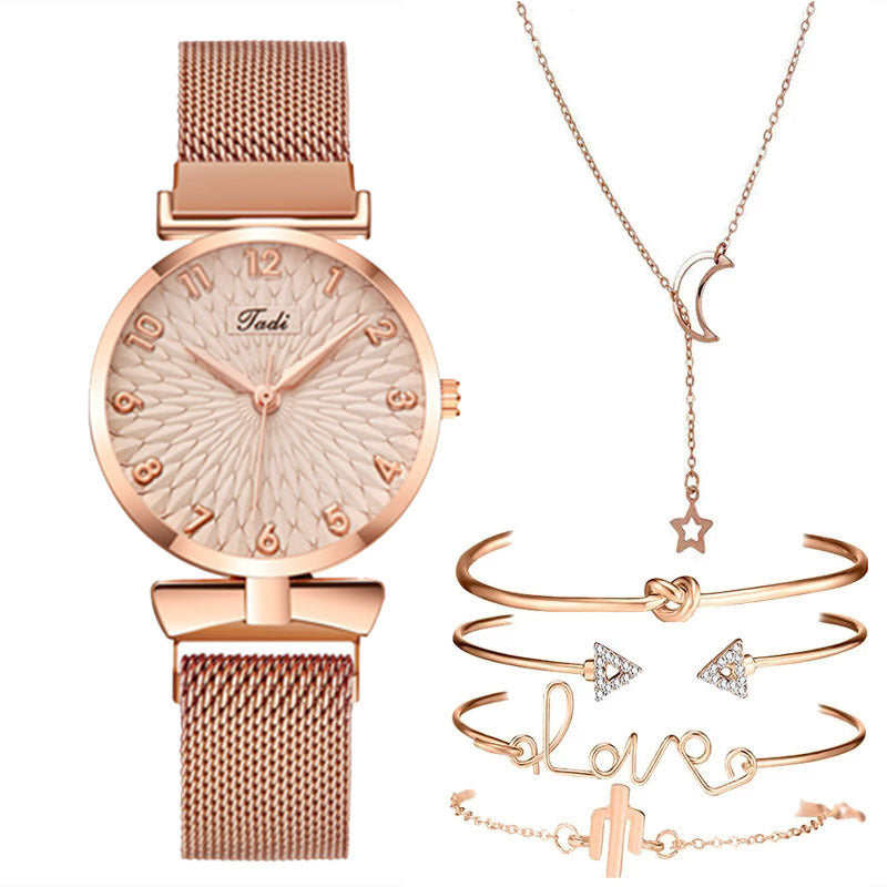 Coffret cadeau femme 6 pièces : montre à quartz avec bracelet maille + bracelets et joncs assortis